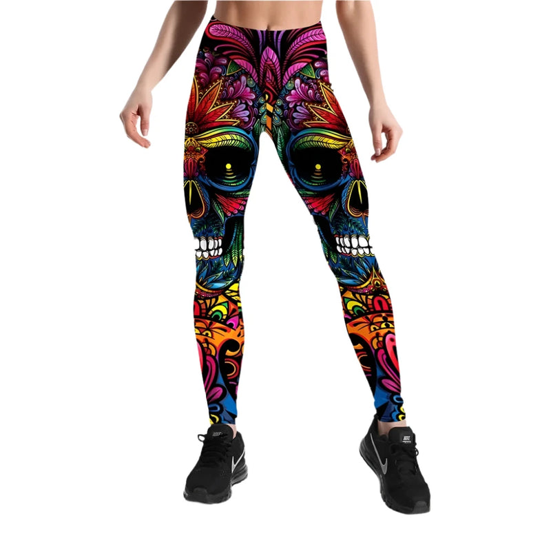 FITAZON Apparel Women's Colorful Skull & Leaf Printed Leggings