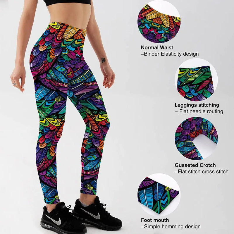 FITAZON Apparel Women's Colorful Skull & Leaf Printed Leggings