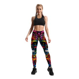 FITAZON Apparel Women's Colorful Skull & Leaf Printed Leggings